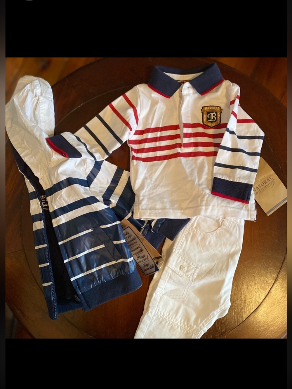 Mayoral Striped White and Red Jacket Shirt and Pants Matching Set 6 Months